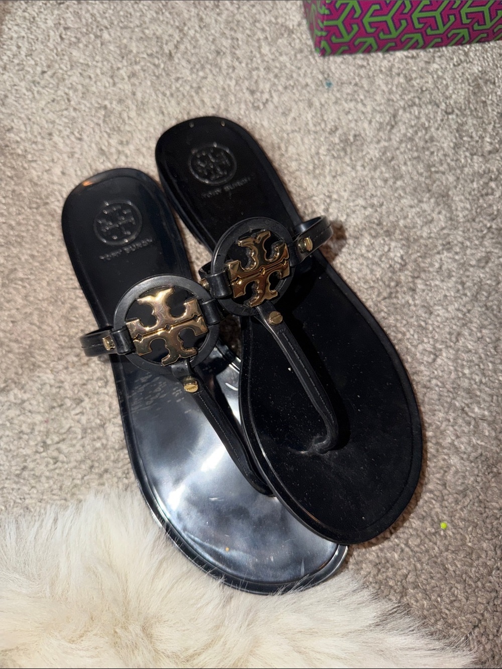 Tory Burch Black Leather Logo Thong Sandals with Gold Emblems